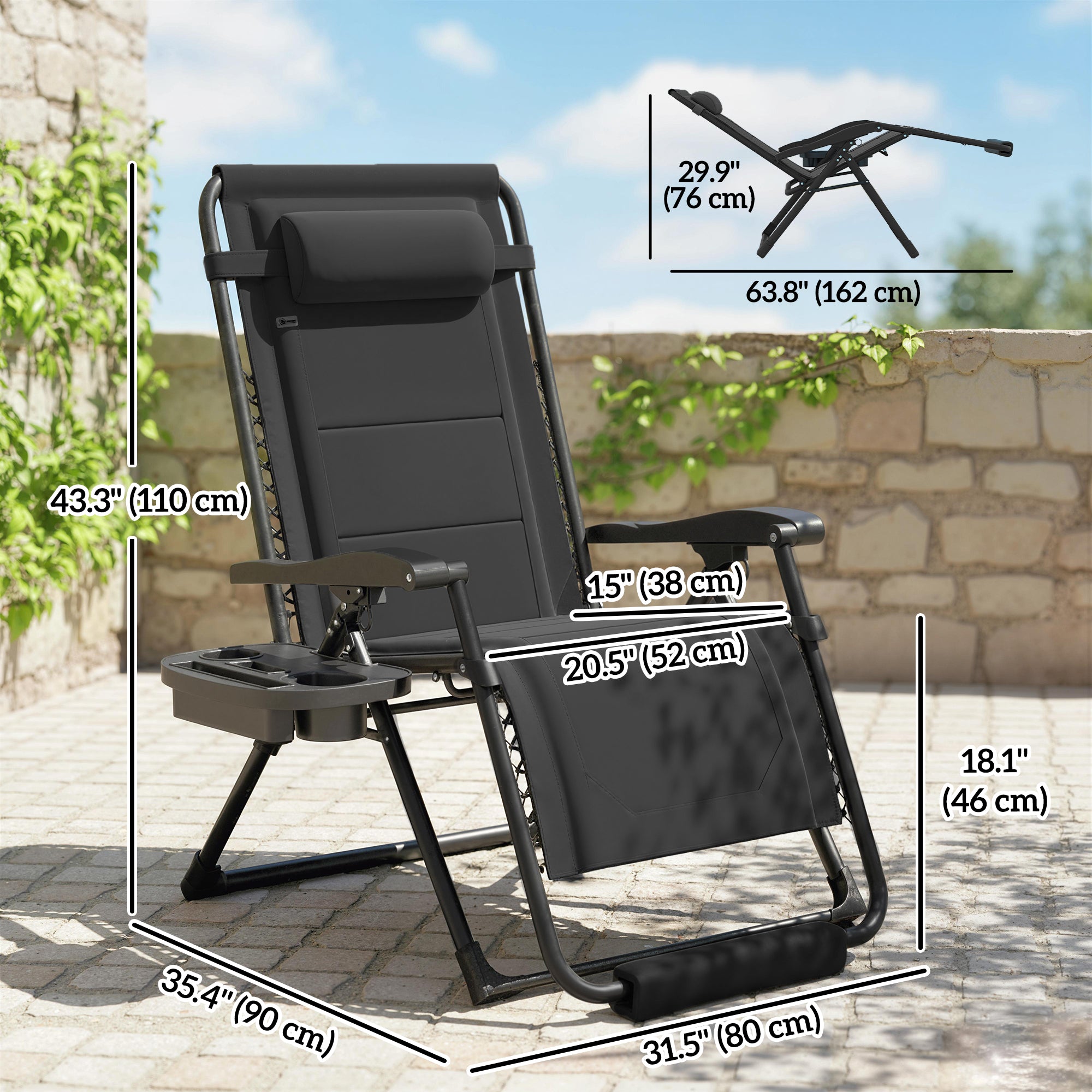 Zero Gravity Chair, Reclining Outdoor Lounger Chair with Cup Holder, 400 LBS Capacity, Black