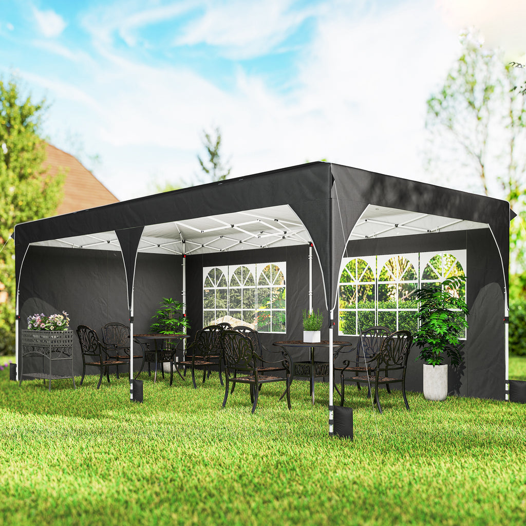 10 x 20 ft Pop Up Canopy Tent with Reflective Strips, UPF 50+ Easy up Instant Canopy with 6 Sandbags, Black