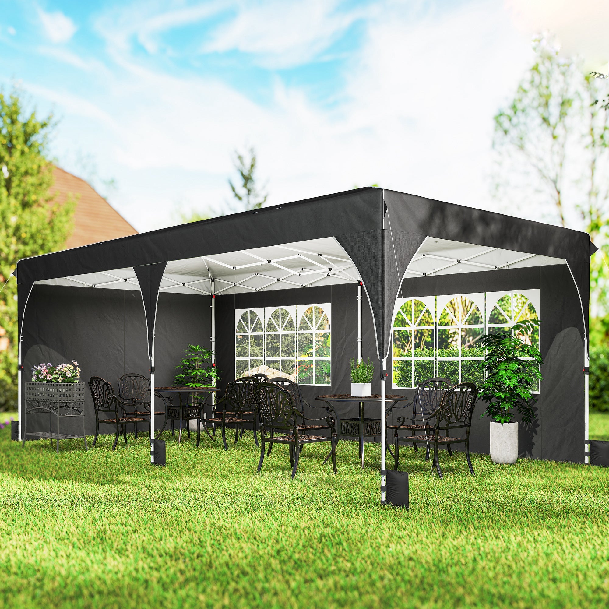 10 x 20 ft Pop Up Canopy Tent with Reflective Strips, UPF 50+ Easy up Instant Canopy with 6 Sandbags, Black
