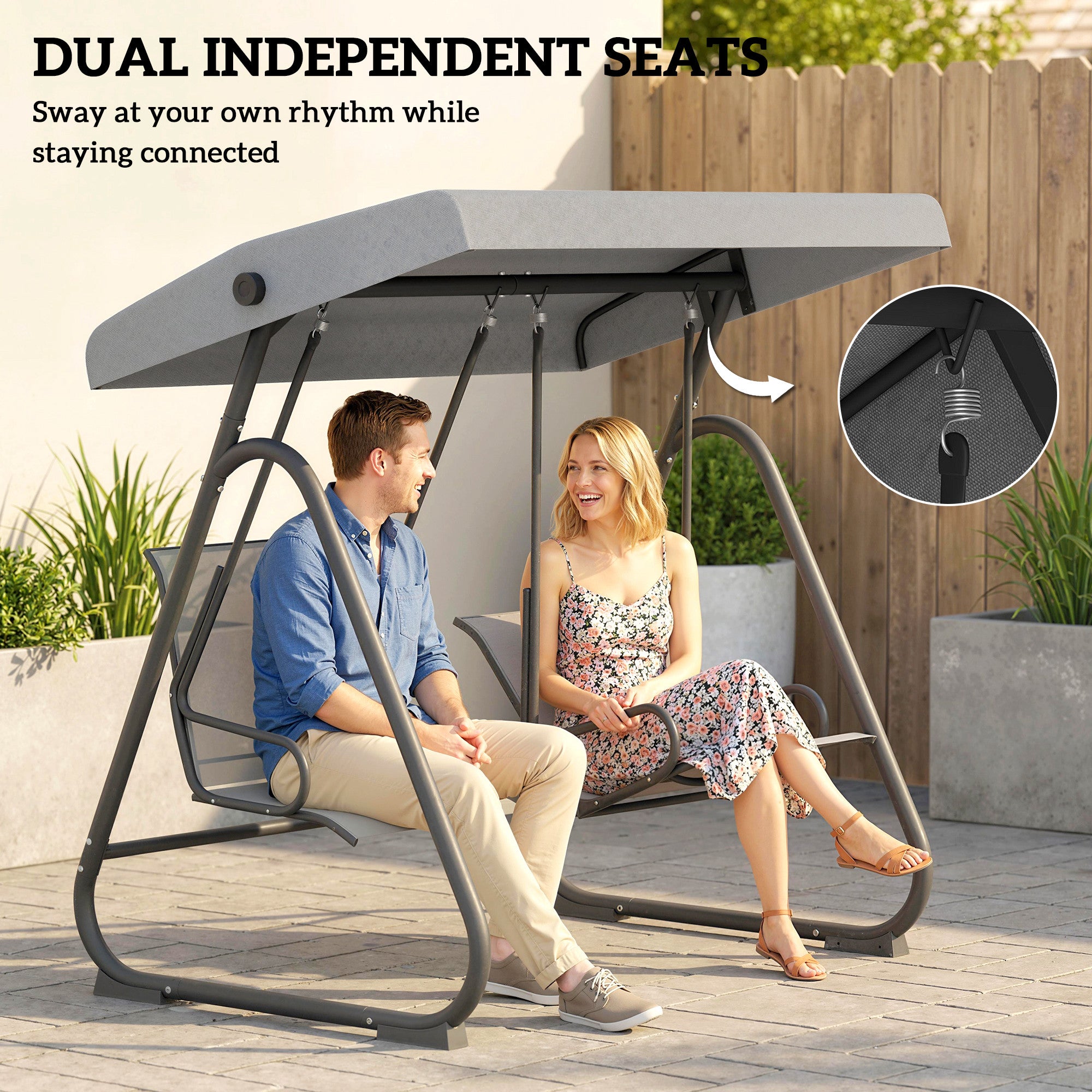 Patio Swing Chair w/Adjustable Canopy Outdoor Porch Swing w/Dual Independent Seats 2-Seat Grey