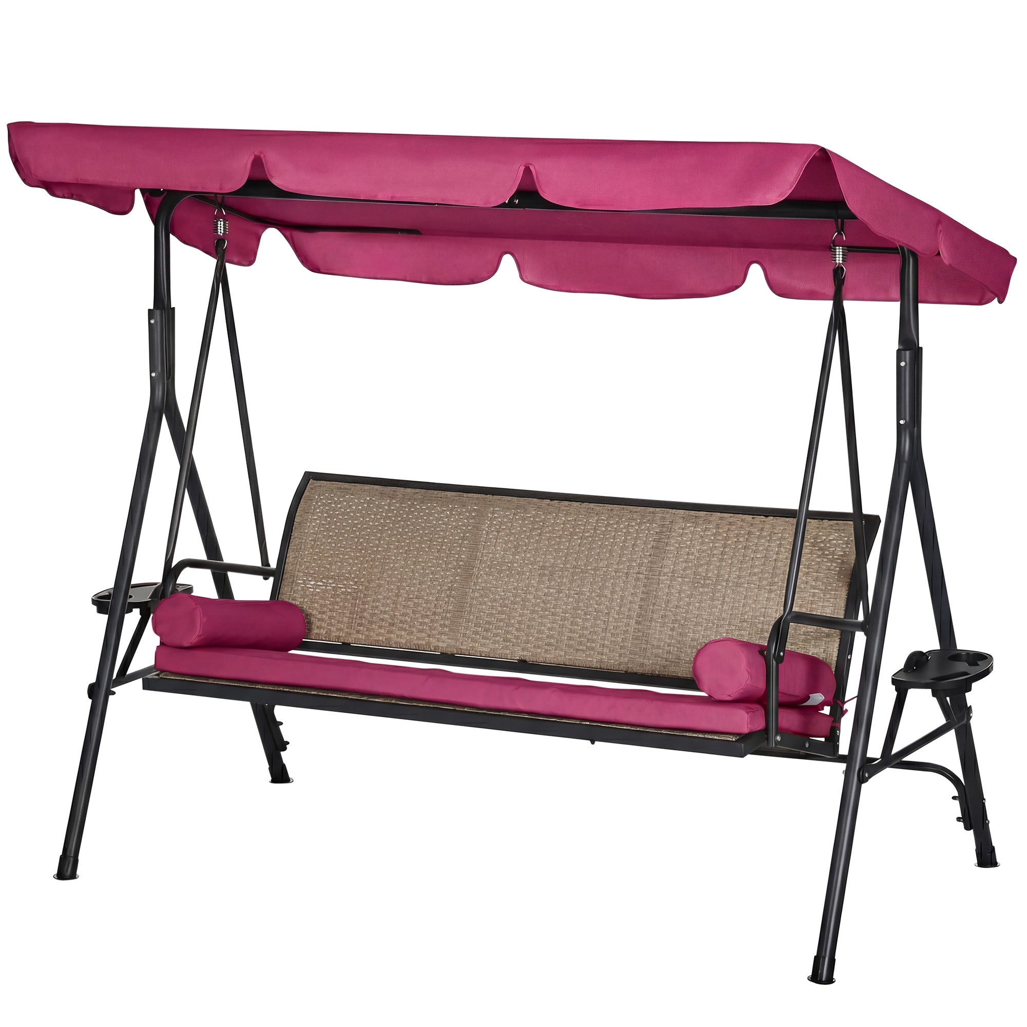 Outdoor 3-Seat Porch Swing with Canopy, Rattan Seat, Removable Cushion, Pillows and Steel Frame