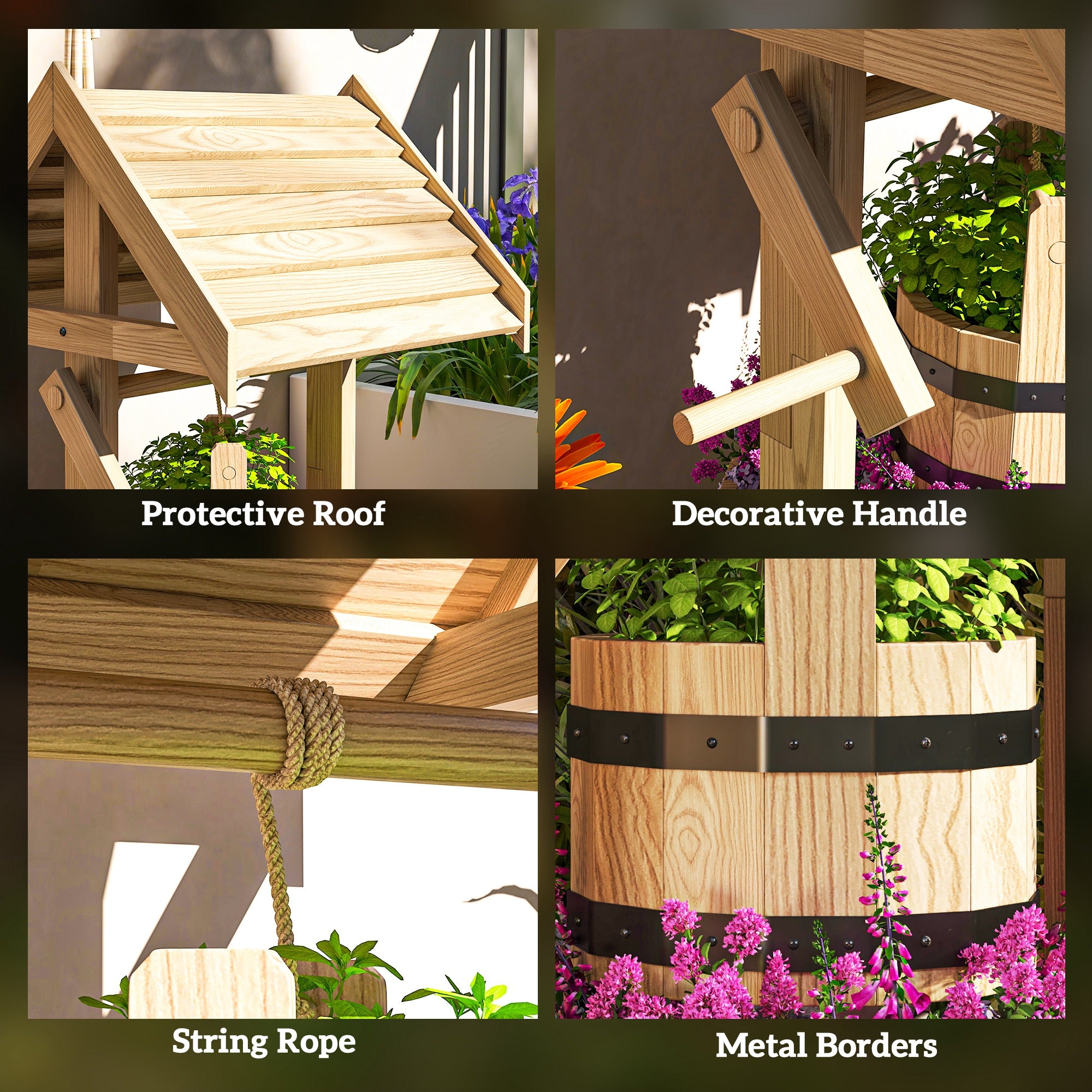 Wood Wishing Well Outdoor Wooden Planter with Hanging Bucket and Drainage Hole for Garden, Patio, Backyard, Natural
