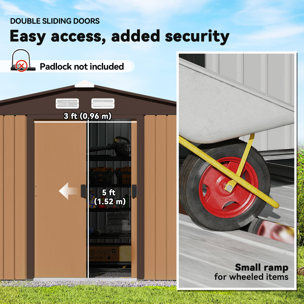 9.1 x 6.4 x 6.3 ft Garden Metal Storage Shed with Floor Foundation, Durable Outdoor Tool Storage House with Double Doors, Weather-Resistant, Dark Grey Yellow