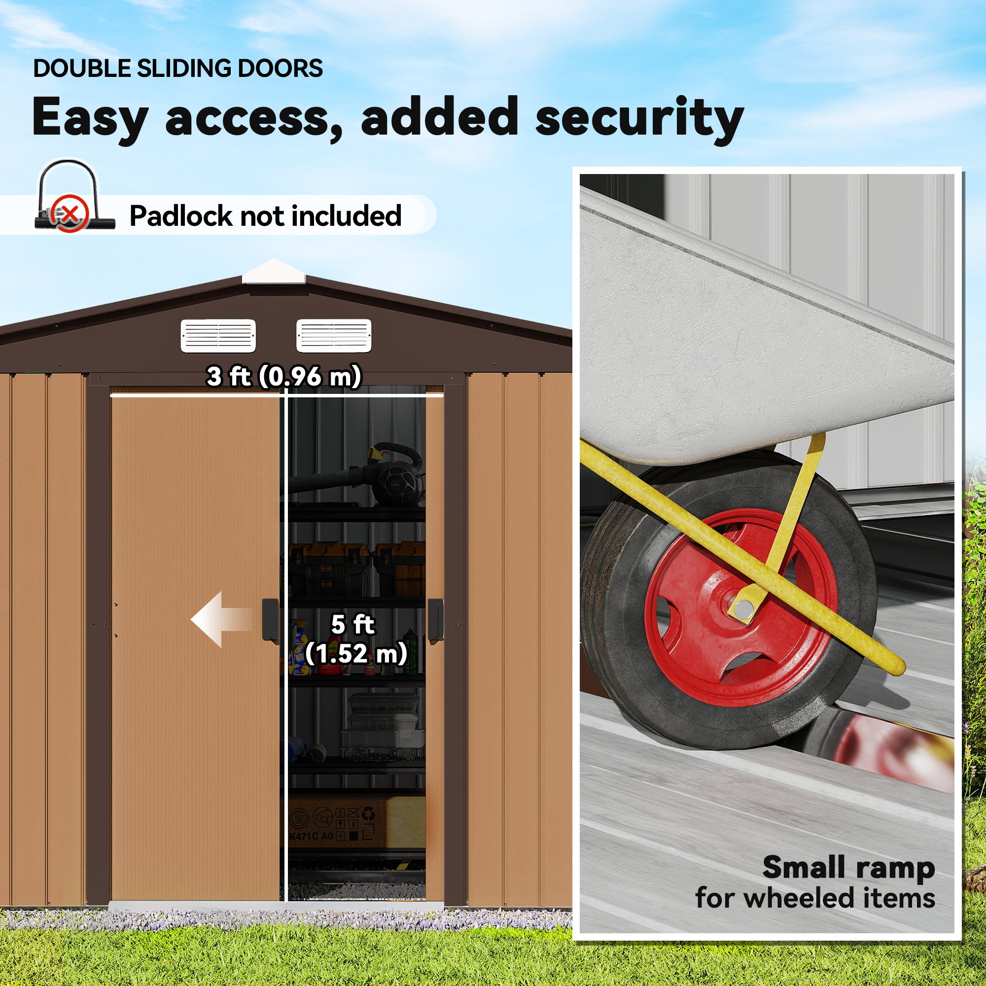 9.1 x 6.4 x 6.3 ft Garden Metal Storage Shed with Floor Foundation, Durable Outdoor Tool Storage House with Double Doors, Weather-Resistant, Dark Grey Yellow