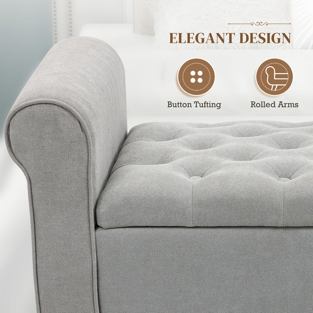 50 Inches Storage Ottoman, Upholstered Bedroom Bench with Rolled Arms and Button Tufted Storage, Light Grey