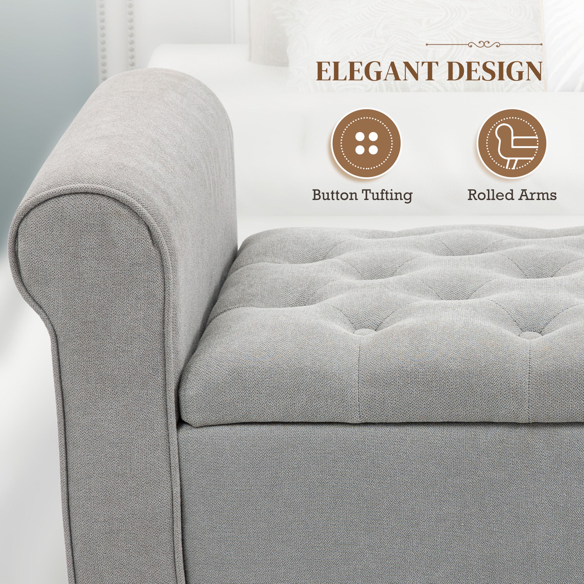 50 Inches Storage Ottoman, Upholstered Bedroom Bench with Rolled Arms and Button Tufted Storage, Light Grey