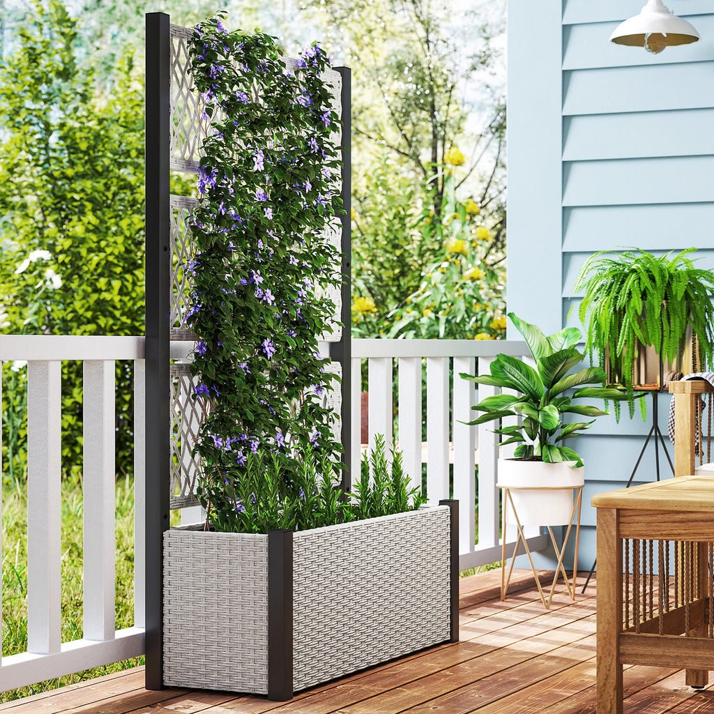 Wicker Outdoor Planter with Trellis, 58" Standing Garden Bed with Liner, Drainage Holes for Climbing Plants, Mixed Grey