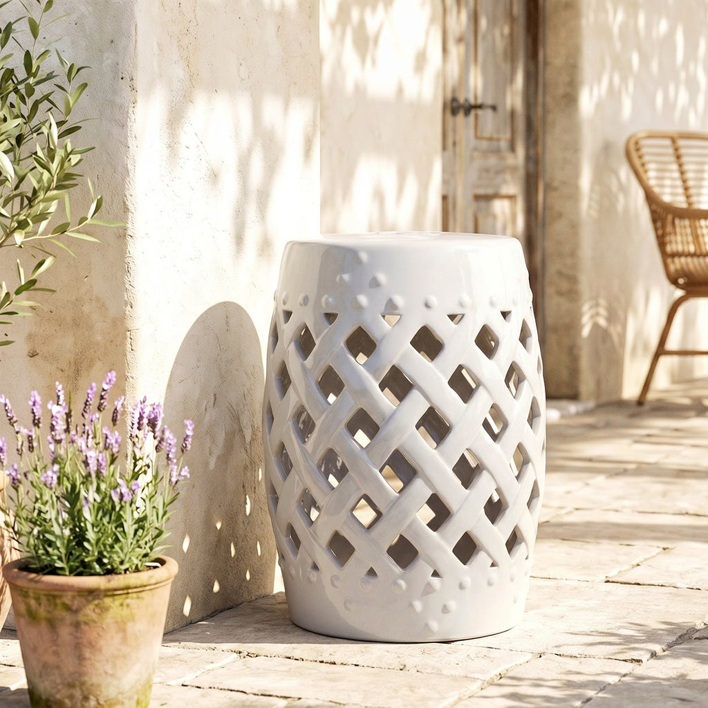 12.4" x 17.9" Ceramic Garden Stool with Woven Lattice Design, Indoor & Outdoor Decorative Accent Stool, White