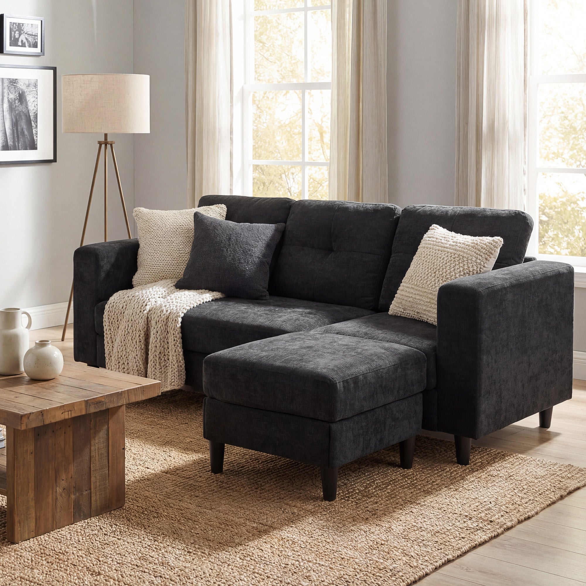 Sectional Sofa, L Shaped Couch with Changeable Chaise, Wooden Legs, Black