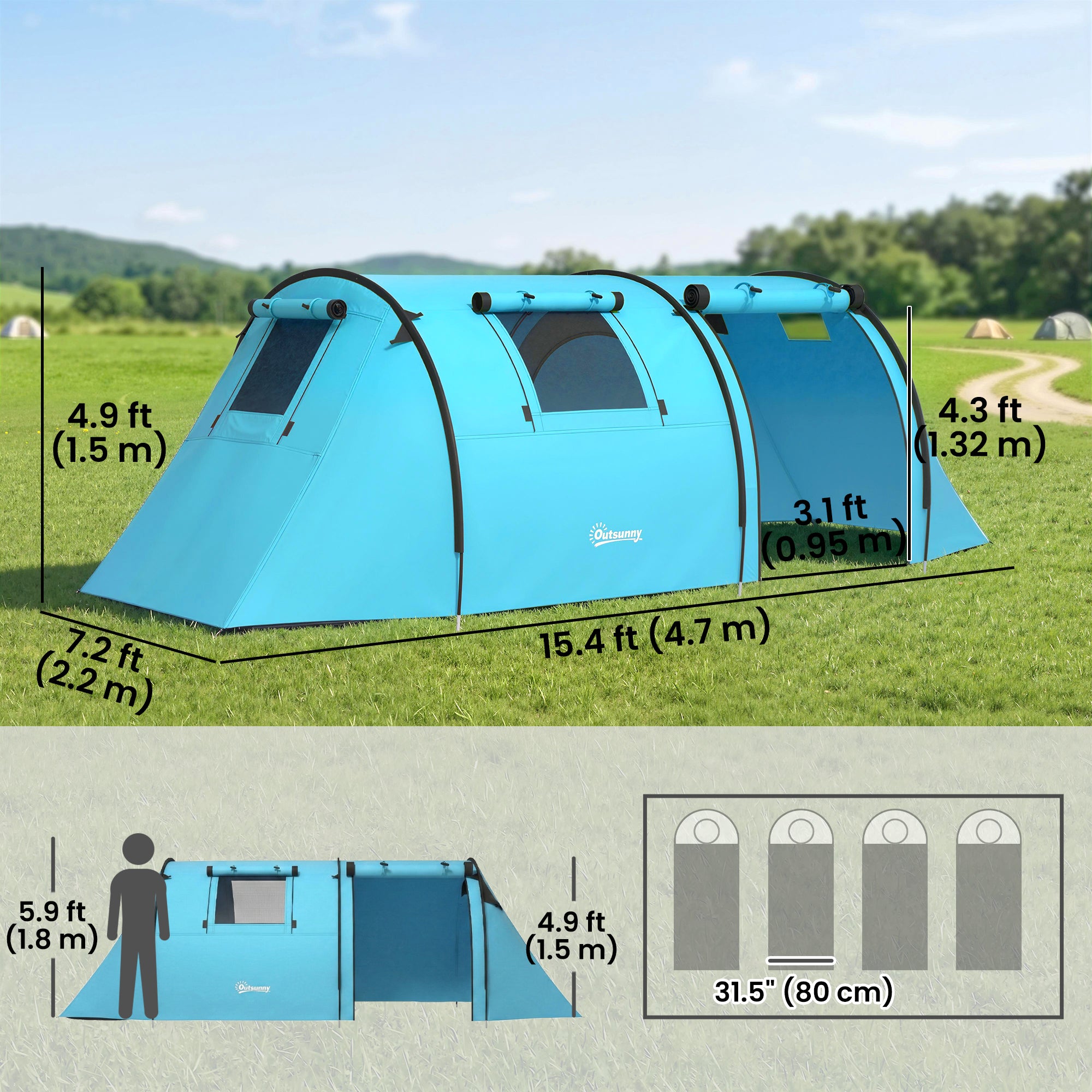 3-4 Person Camping Tent with 2 Rooms, 3000mm Waterproof Portable Family Tent with Carry Bag, Sky Blue