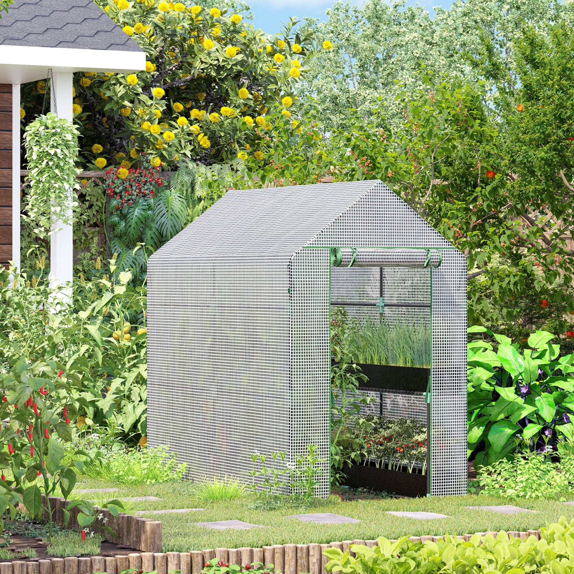 73" x 47" x 75" Walk-in Greenhouse Outdoor Portable Plant Flower Growth Warm House Garden Tunnel Shed with Roll-up Door and 4 Shelves, White