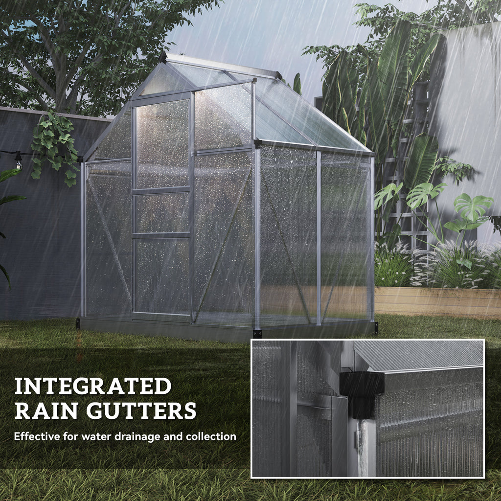 6' x 4' x 6.6' Polycarbonate Greenhouse, Walk-In Green House Kit Garden, Plants Grow, Galvanized Sheet Aluminum Frame with Rain Gutter, Vent and Sliding Door, Silver