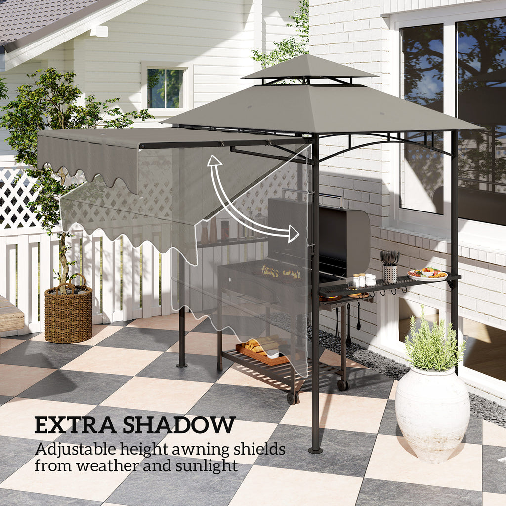 8' x 7.6' Grill Gazebo, Double Tiered Barbecue Grill Gazebo Shelter w/ Side Awning, 2 Side Shelves, 6 Hooks, Light Grey