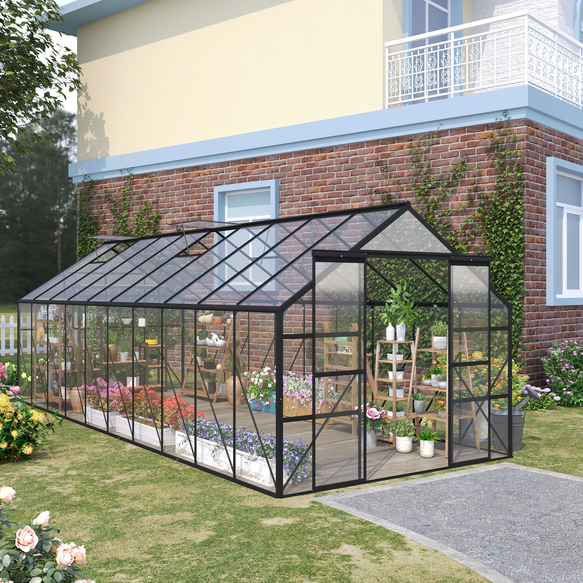 20' x 8' x 6.9' Walk-in Greenhouse with Adjustable Roof Vent, Rain Gutter and Sliding Door for Winter, Large Aluminum Greenhouse, Clear