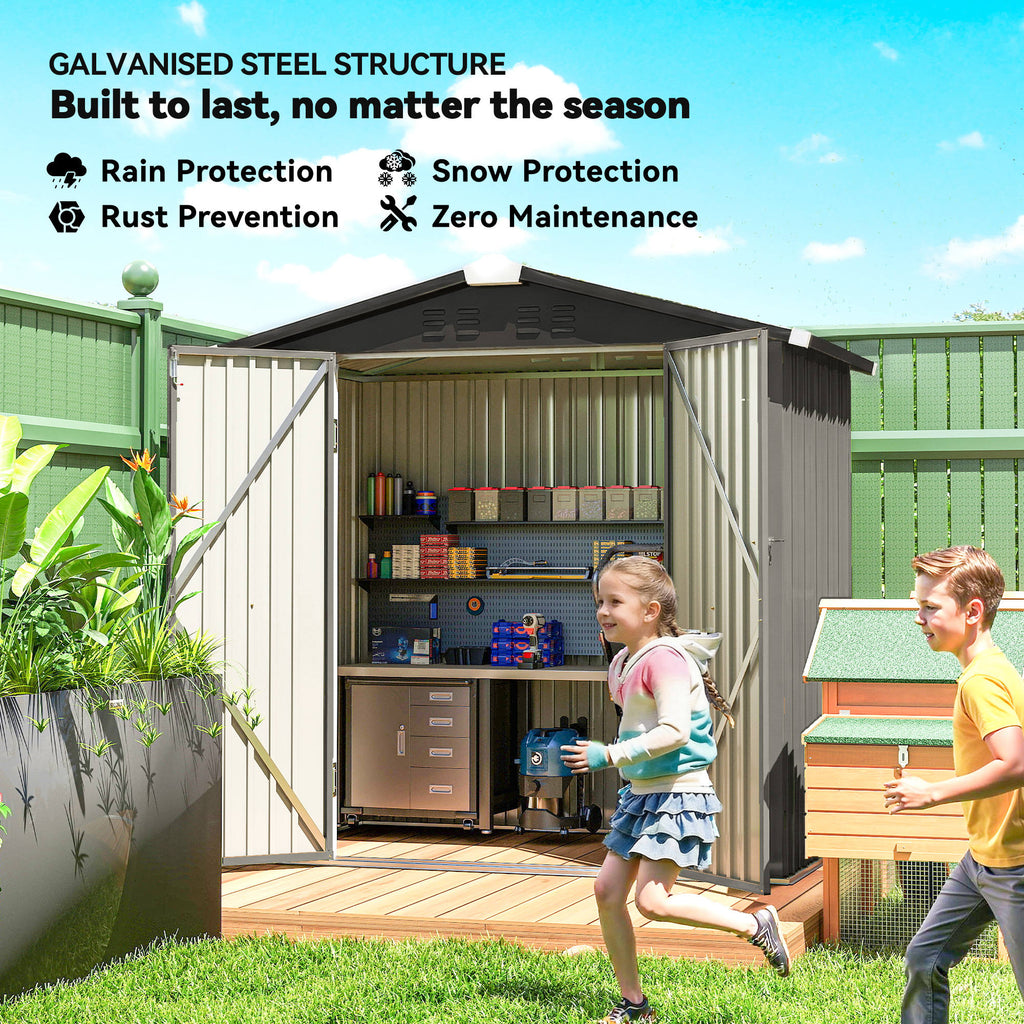 6.5' x 4'  Outdoor Storage Shed, Metal Garden Shed with Lockable Double Doors, 4 Vents, Light Grey