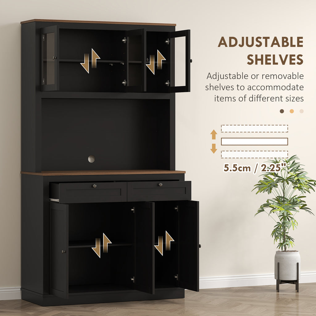 71" Pantry Cabinet with Microwave Space, Buffet with Hutch, 2 Drawers, Adjustable Shelves and Glass Doors, Black
