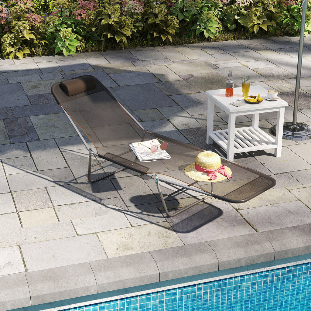 Outdoor Lounge Chair, Portable Adjustable Reclining Seat Folding Chaise Lounge Patio Camping Beach Tanning Chair Bed with Pillow, Brown