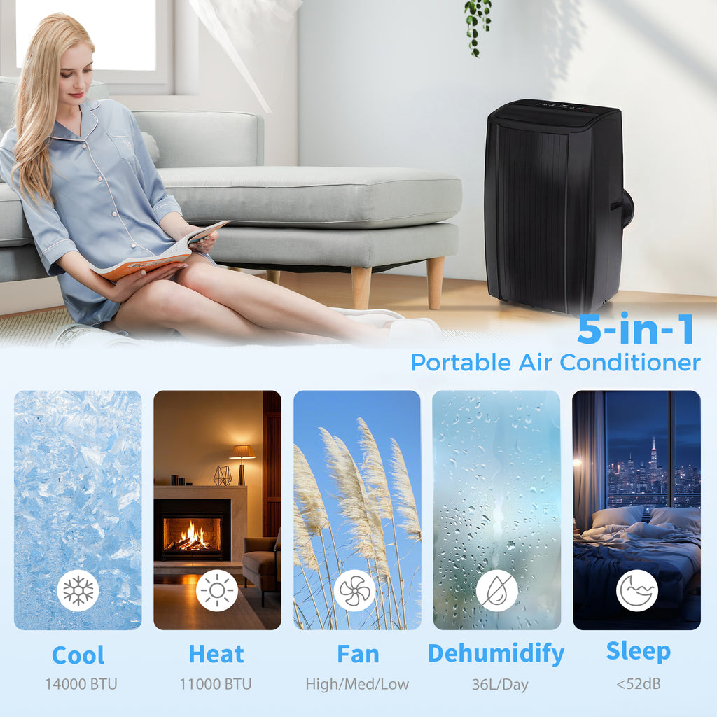 14000 BTU 5-in-1 Portable Air Conditioner with Cool, Heat, Dehumidifier, Fan, Sleep, WiFi Voice Control, Black