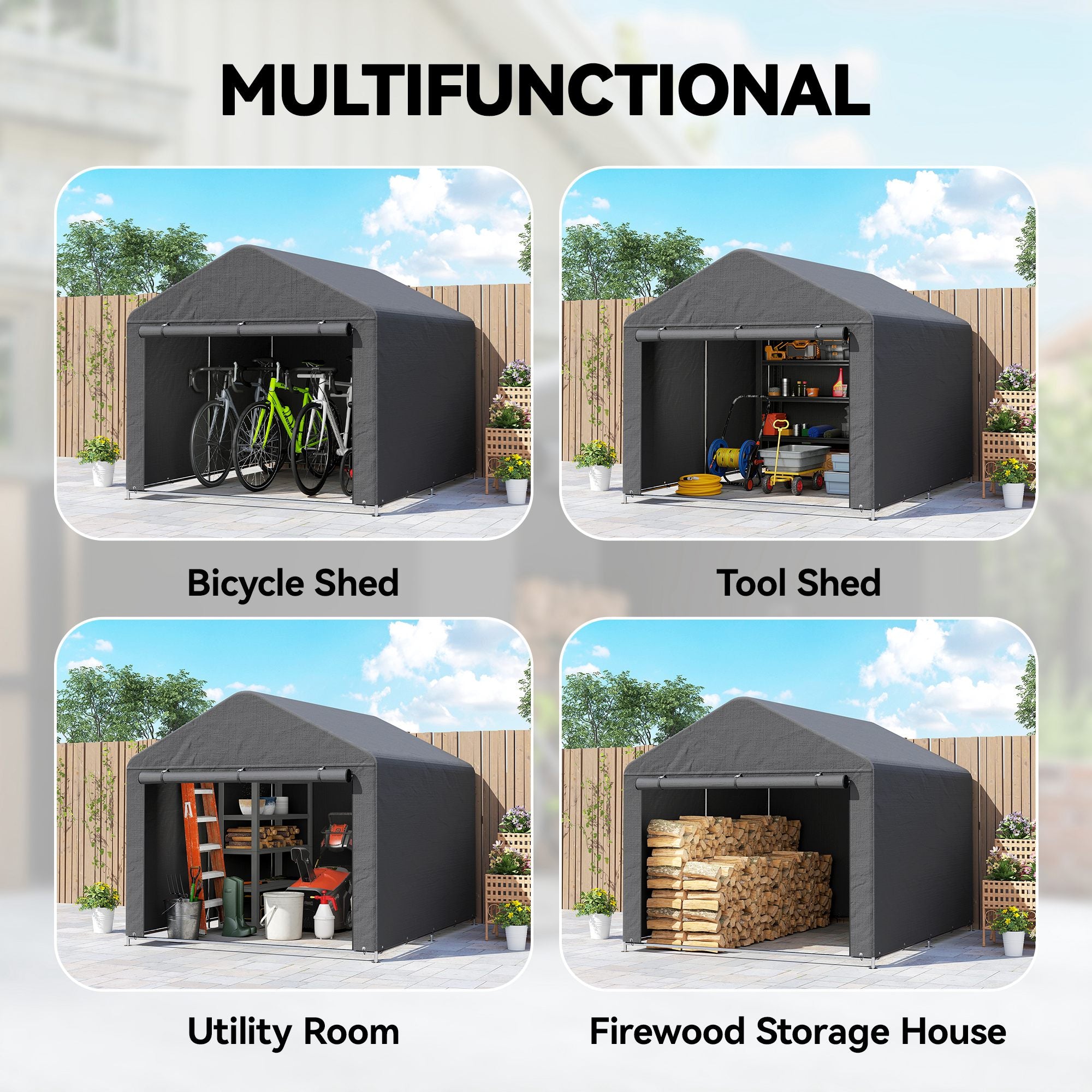 6.6' x 7.8' Portable Shed, Waterproof Bike Tent with Roll-up Zipper Door and Galvanised Steel Frame, Dark Grey