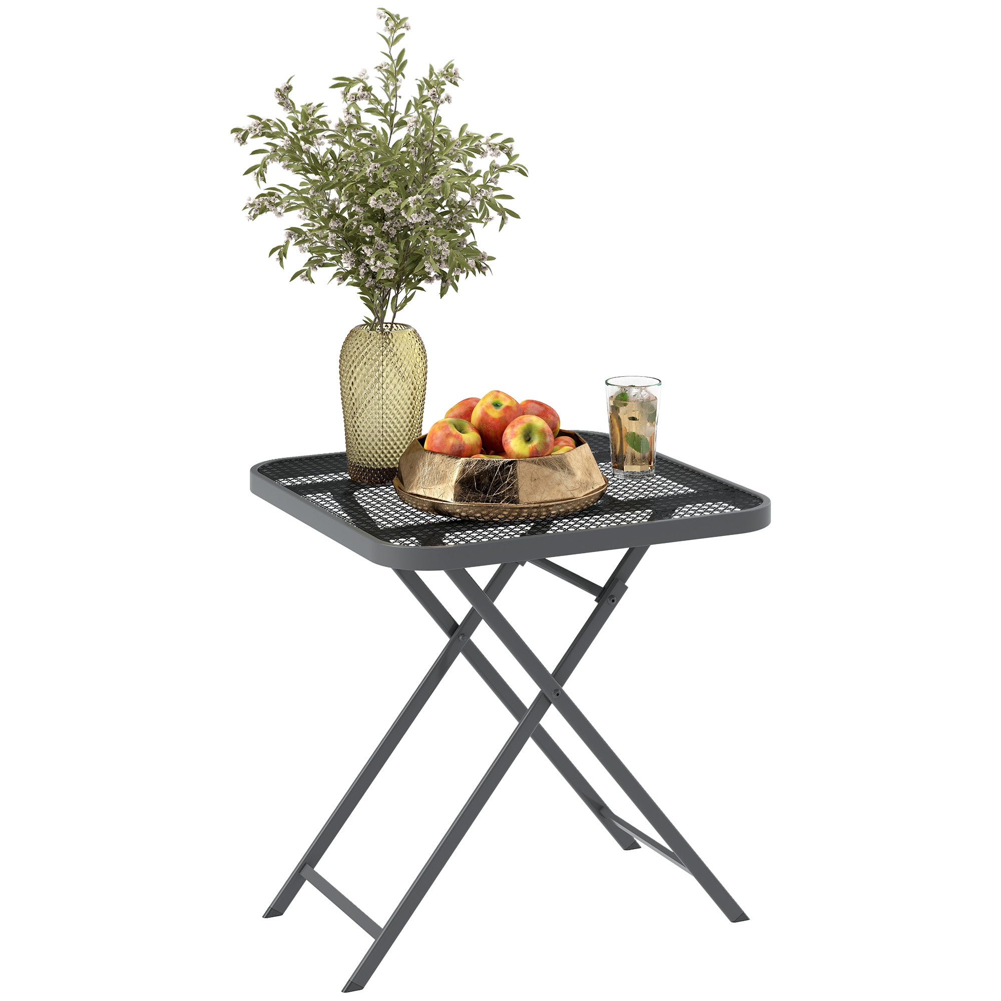 27.5" Square Outdoor Patio Table, Outdoor Folding Table with Grid Rattan-Like Top for Camping, Picnic, Light Grey