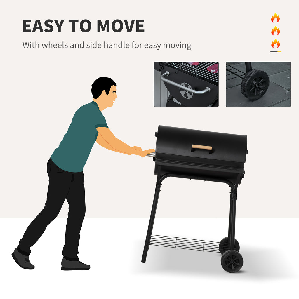 30" Charcoal Barbecue Grill with Wheels Outdoor Barbecue with Adjustable Charcoal Rack, Storage Shelf, Wheel, for Garden Camping Picnic
