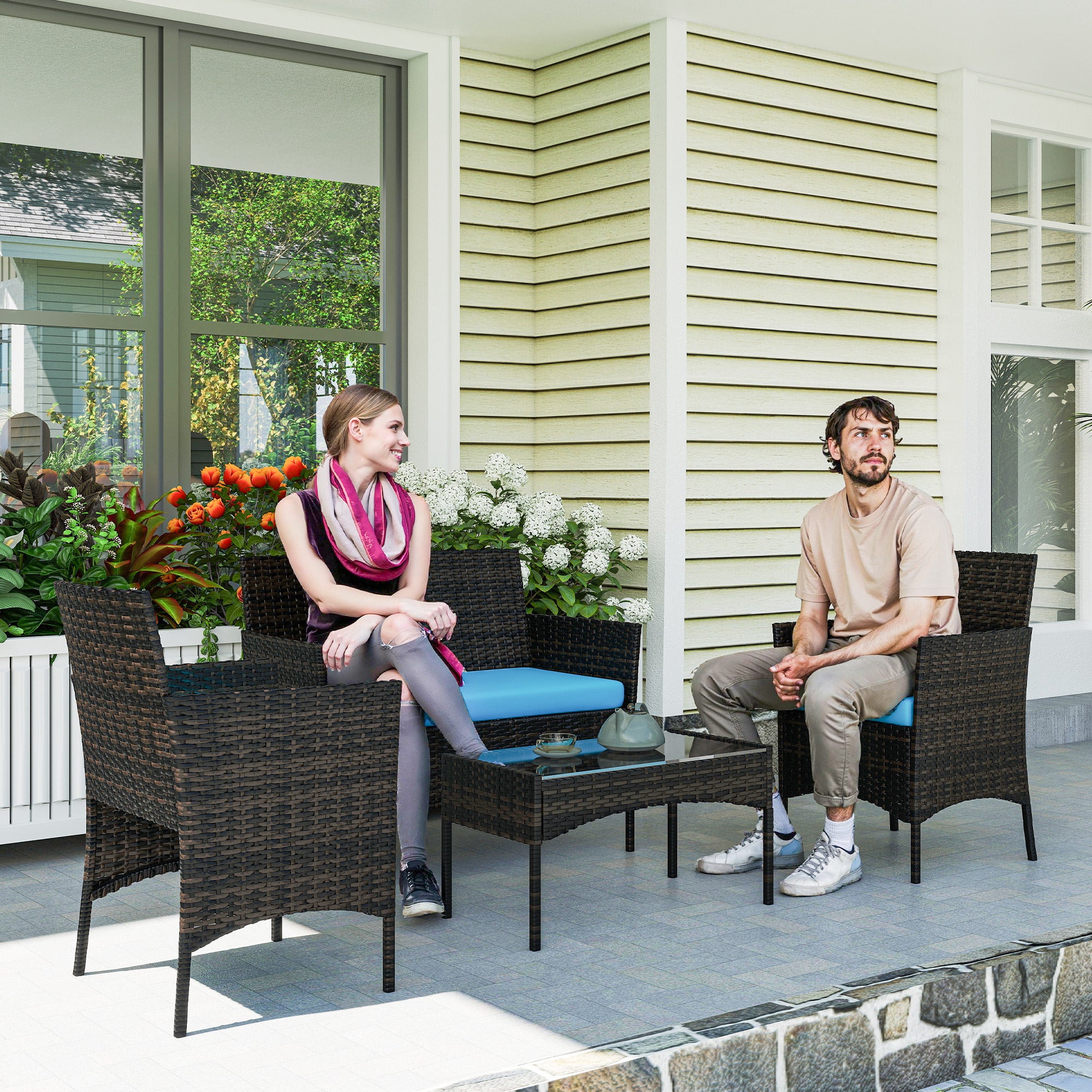 4 Pieces Wicker Outdoor Balcony Furniture Set Rattan Patio Furniture Set with Loveseat Chairs Glass Coffee Table Turquoise