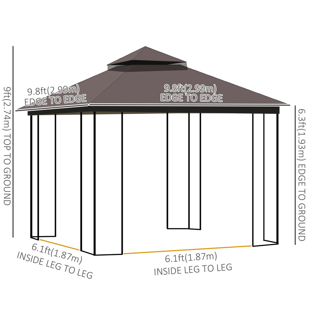 10'x10' Soft-top Patio Gazebo with Double Tier Roof, Mesh Curtains, Display Shelves, Top Hooks, Coffee