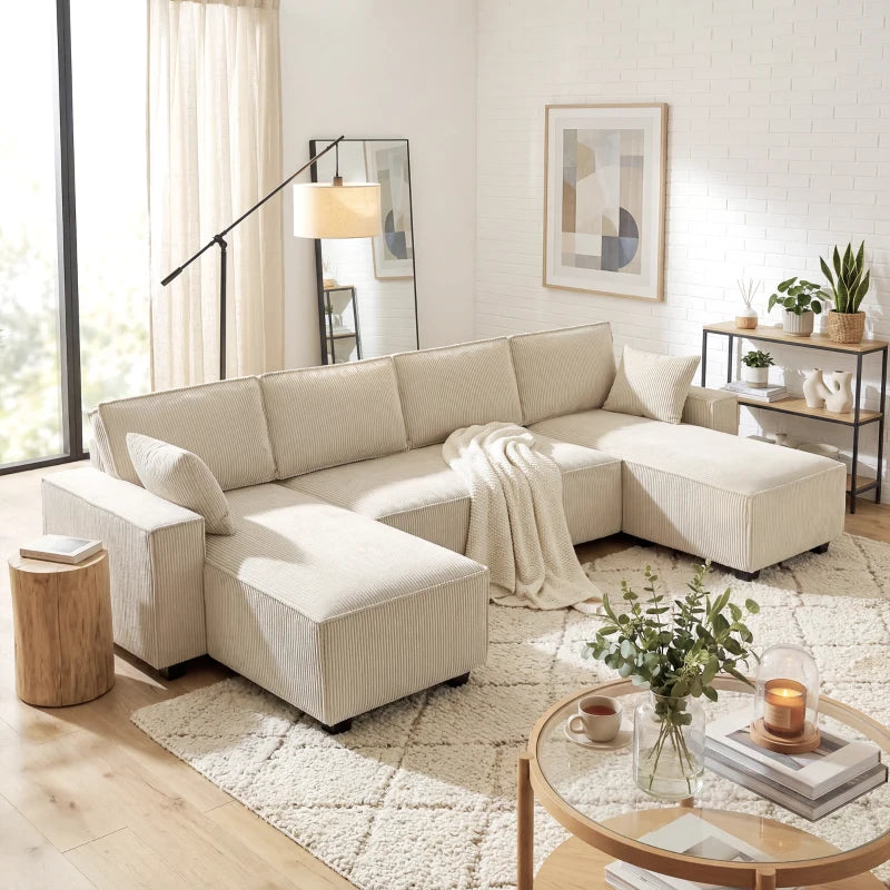 Beige modular U-shaped sectional sofa with double chaises and spring cushions