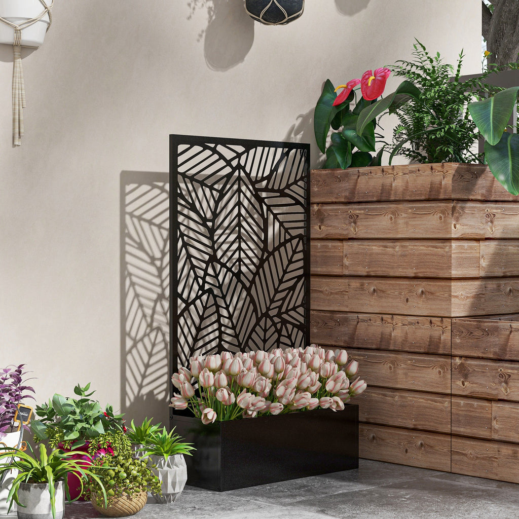 Metal Outdoor Raised Garden Bed with Privacy Screen, Privacy Panel and Planter Box, Wall-Mounted or Freestanding, Black