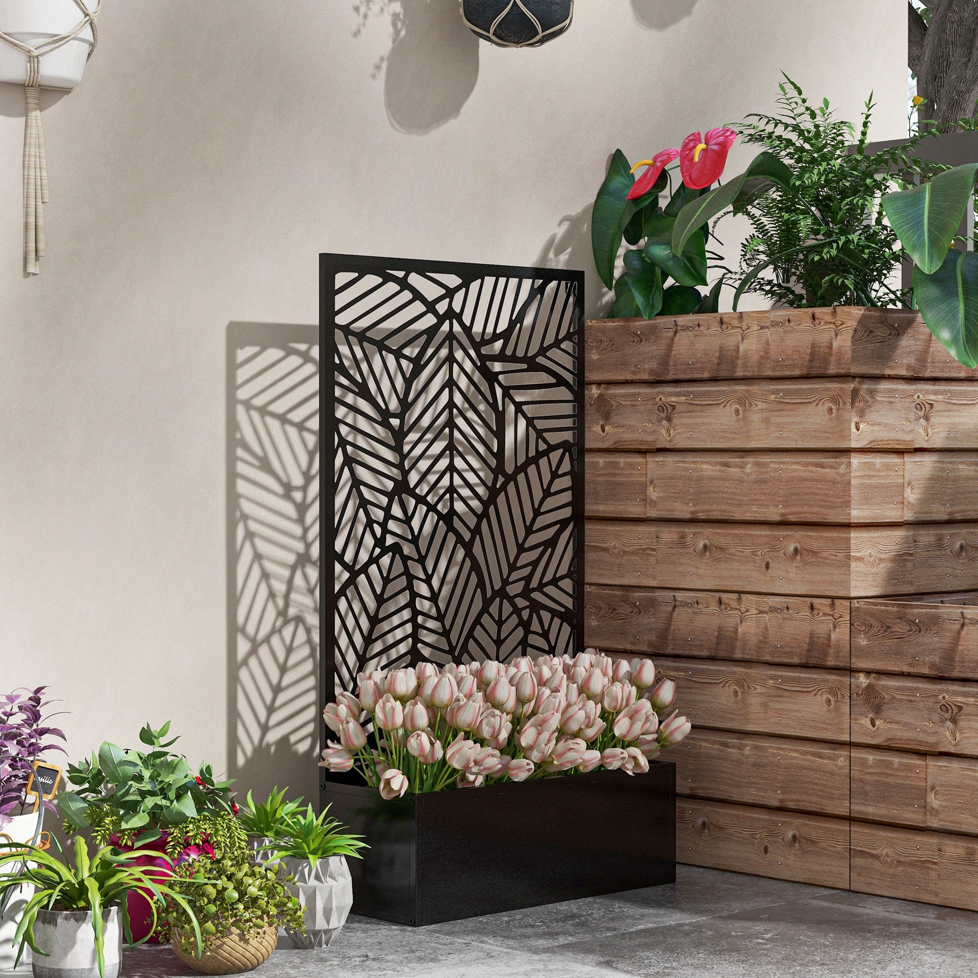 Metal Outdoor Raised Garden Bed with Privacy Screen, Privacy Panel and Planter Box, Wall-Mounted or Freestanding, Black