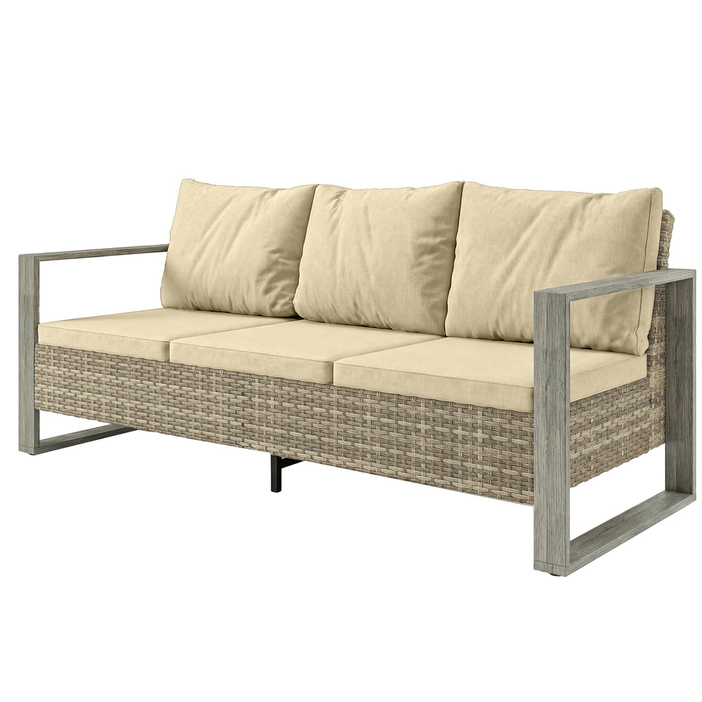 3-Seater Outdoor Couch, PE Wicker Patio Sofa with Deep Seat, Wood-Effect Aluminum Armrests, Cushions, Khaki