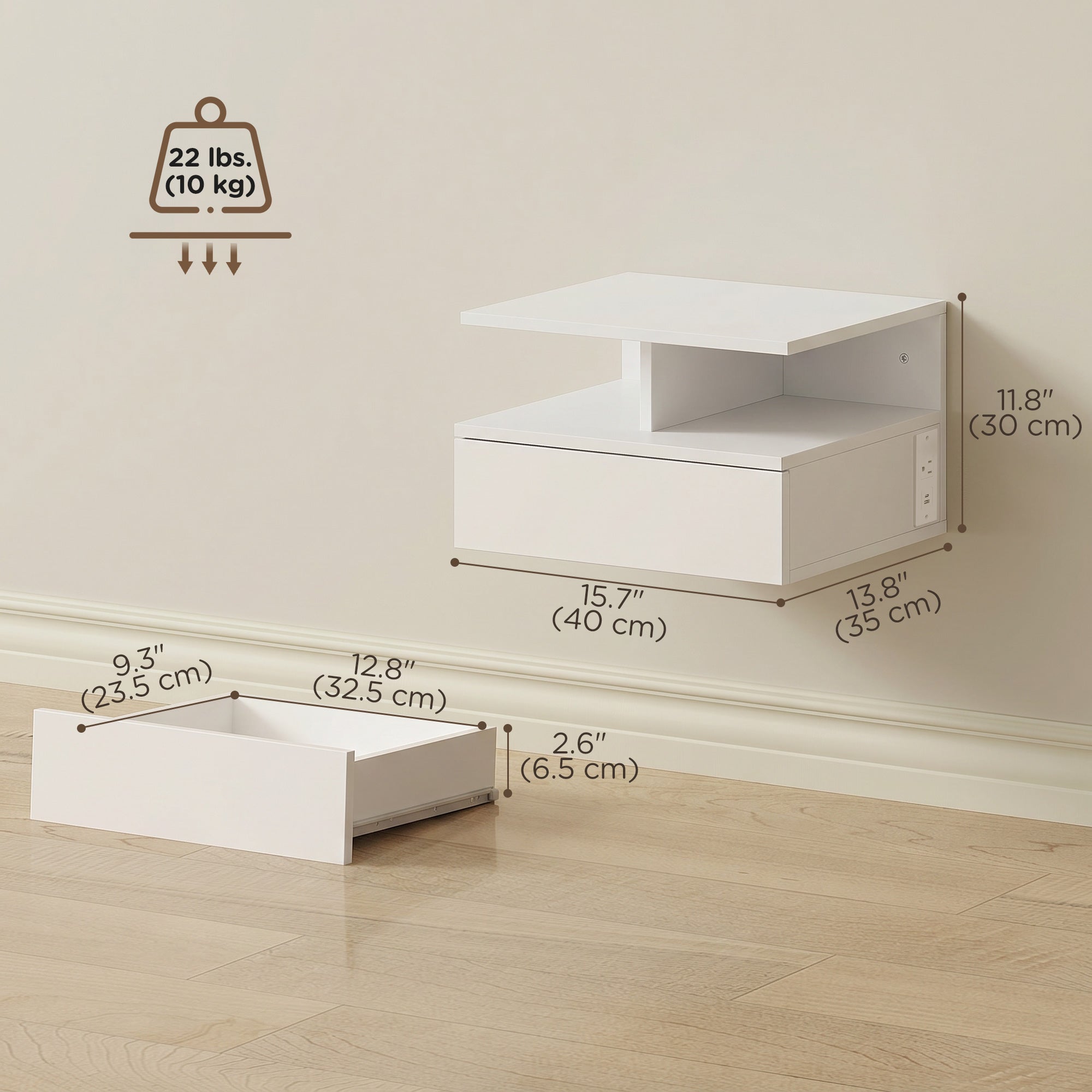 Floating Nightstand Set of 2, Wall Mounted Bedside Table with with Power Outlets, Drawer and Shelf, White