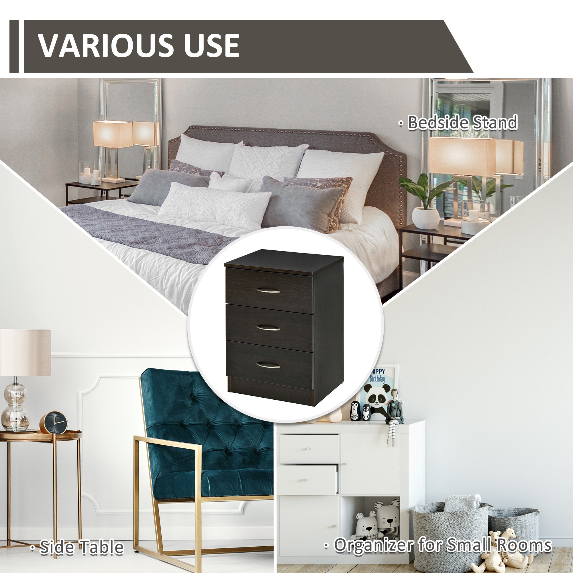Bedside Table with 3 Drawers, Modern Wood Nightstand, Side Table with Anti-tipping Design for Bedroom, Set of 2, Dark Brown