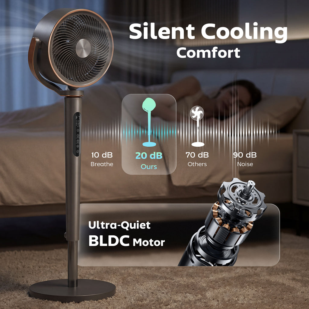 20dB Silent Standing Fan, Oscillating Fan with 12 Speeds, LED Light, WiFi & Remote Control, 12H Timer