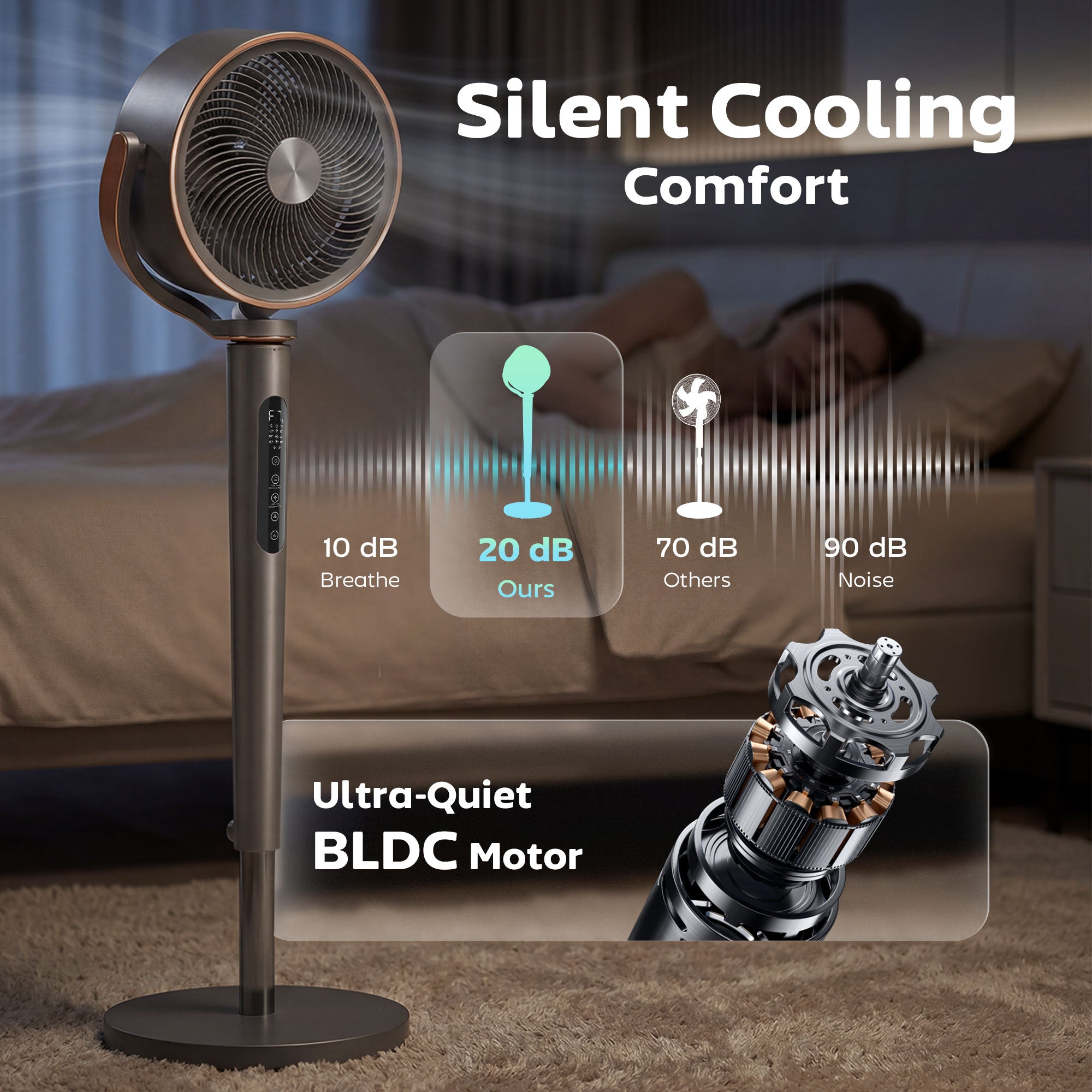 20dB Silent Standing Fan, Oscillating Fan with 12 Speeds, LED Light, WiFi & Remote Control, 12H Timer
