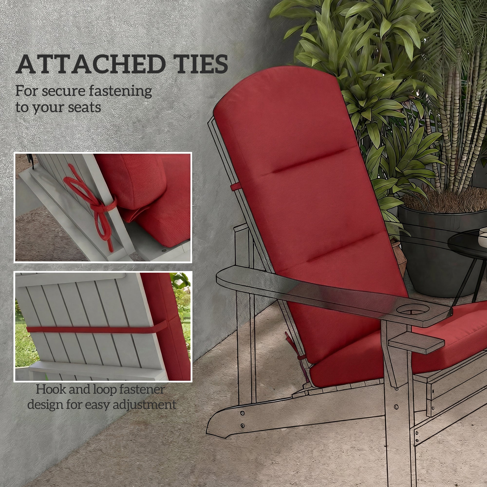 Patio Chair Cushions for Adirondack Chair Replacement Cushions with Back and Ties, Wine Red