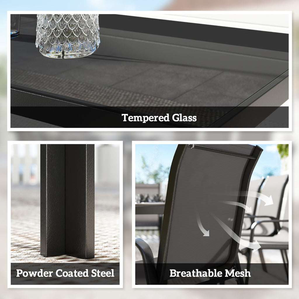 9 Pieces Patio Set with Stackable Chairs, Patio Dining Set with Glass Top for Garden, Patio, Backyard, Black
