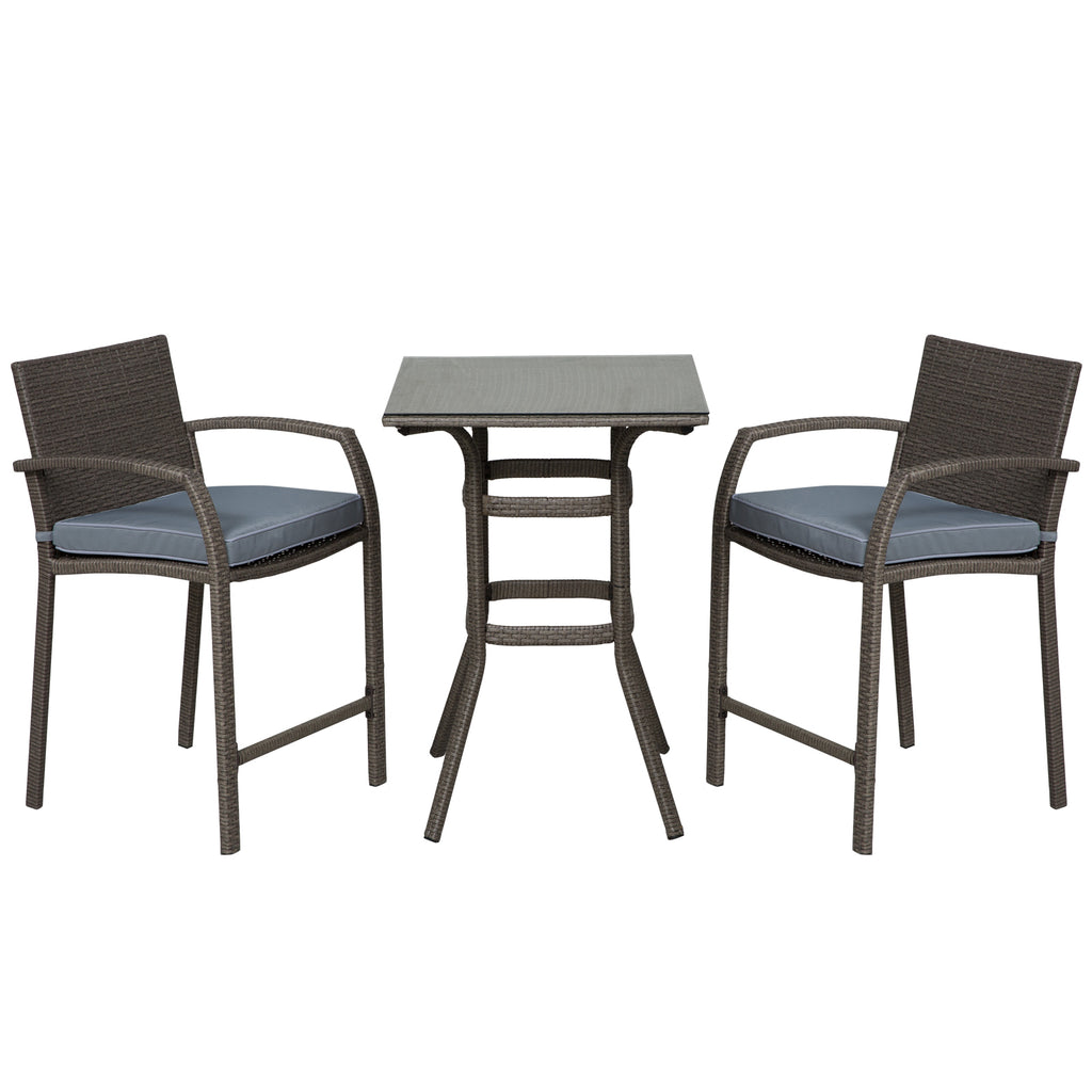3 Pieces Patio Bar Set Wicker Garden Bistro Set Outdoor Furniture PE Rattan Table and Stools with Seat Cushion, Grey