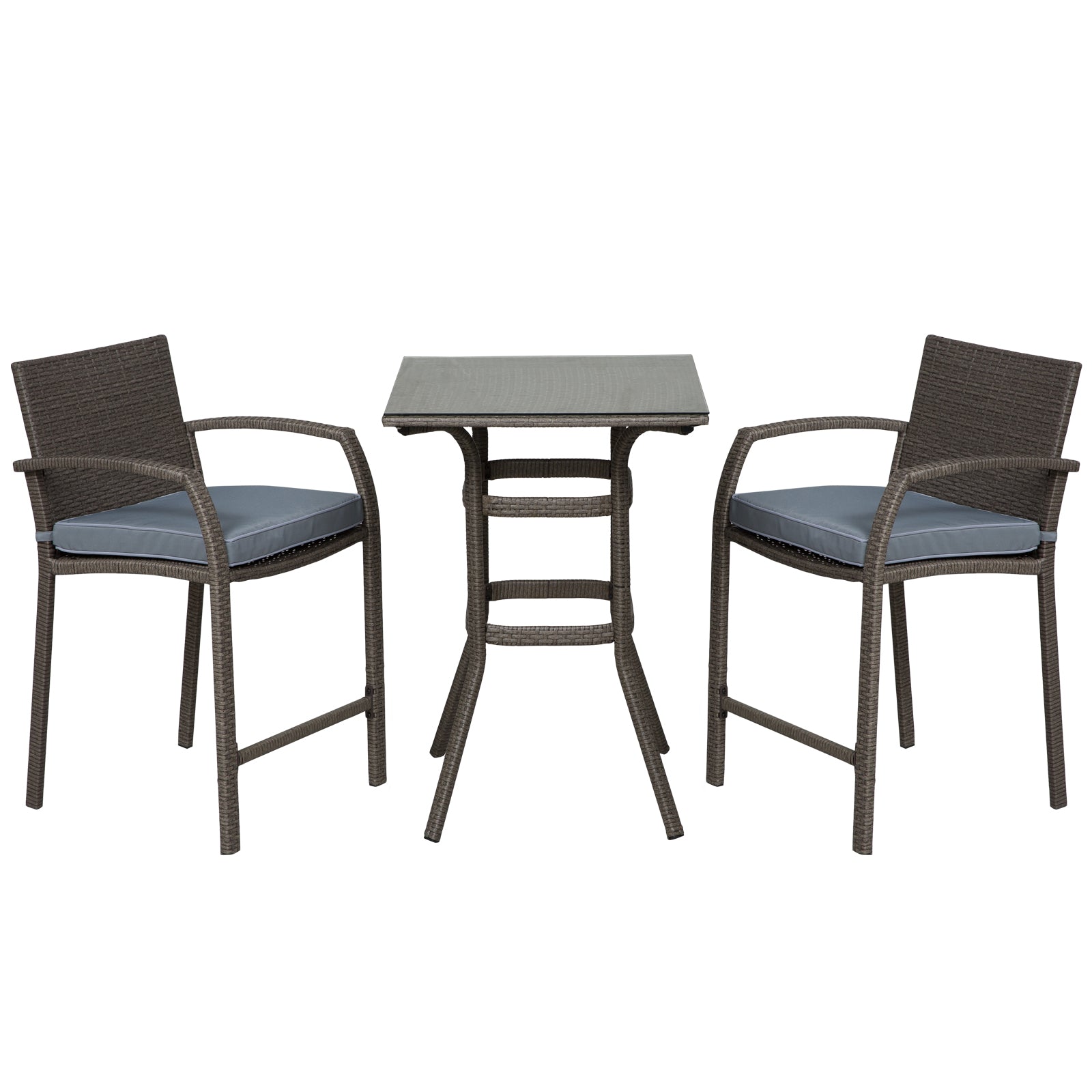 3 Pieces Patio Bar Set Wicker Garden Bistro Set Outdoor Furniture PE Rattan Table and Stools with Seat Cushion, Grey
