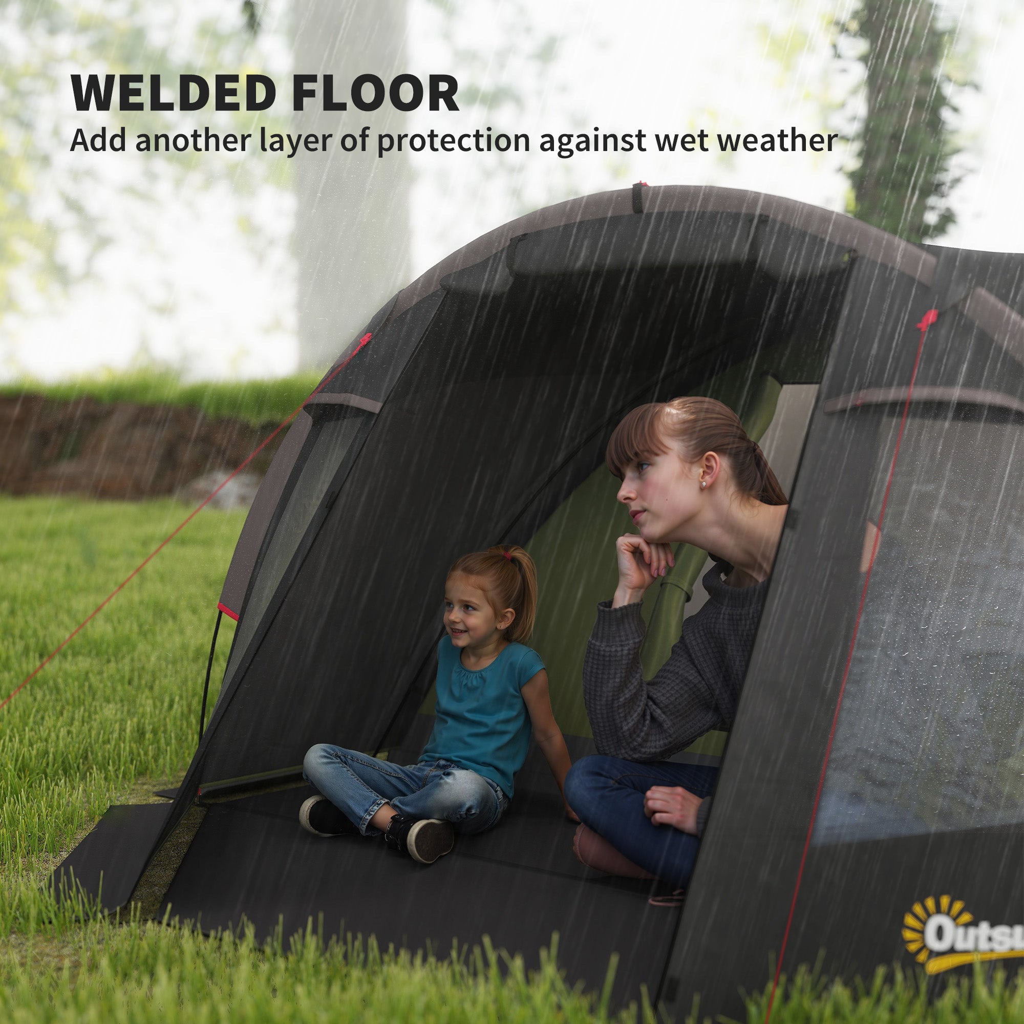 2-4 Man Camping Tent, 3000mm Waterproof Tunnel Tent with 2 Rooms, Sewn-in Groundsheet, 3 Doors and Hook