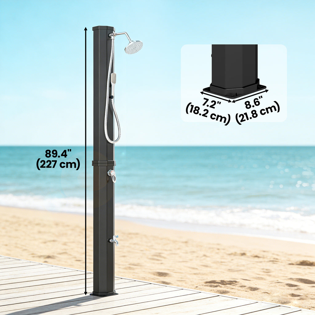 16 Gal Solar Heated Shower, 7.4 FT Outdoor Shower with 2 Shower Heads, Adjustable Temperature, Foot Faucet