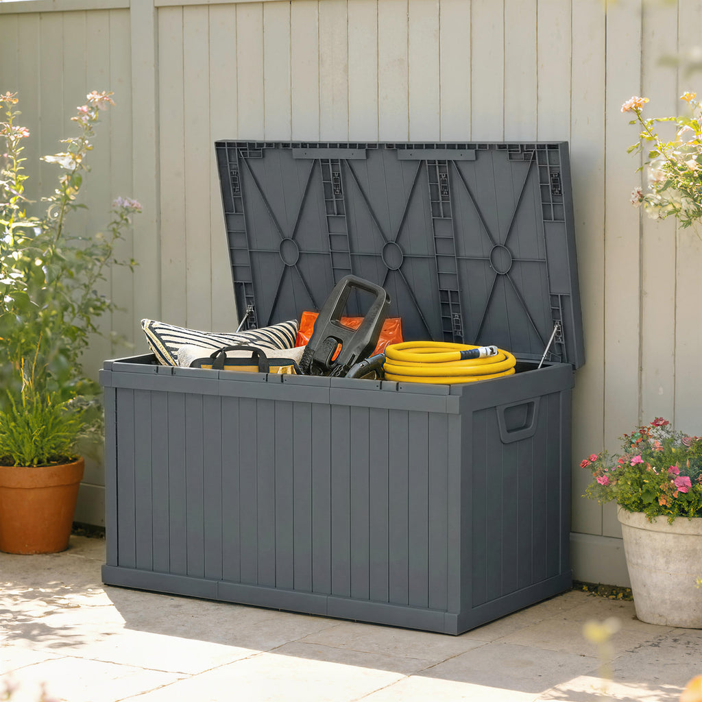 70 Gallon Deck Box, Resin Outdoor Storage Box with Handles, Waterproof Storage Container for Garden Tools, Dark Grey