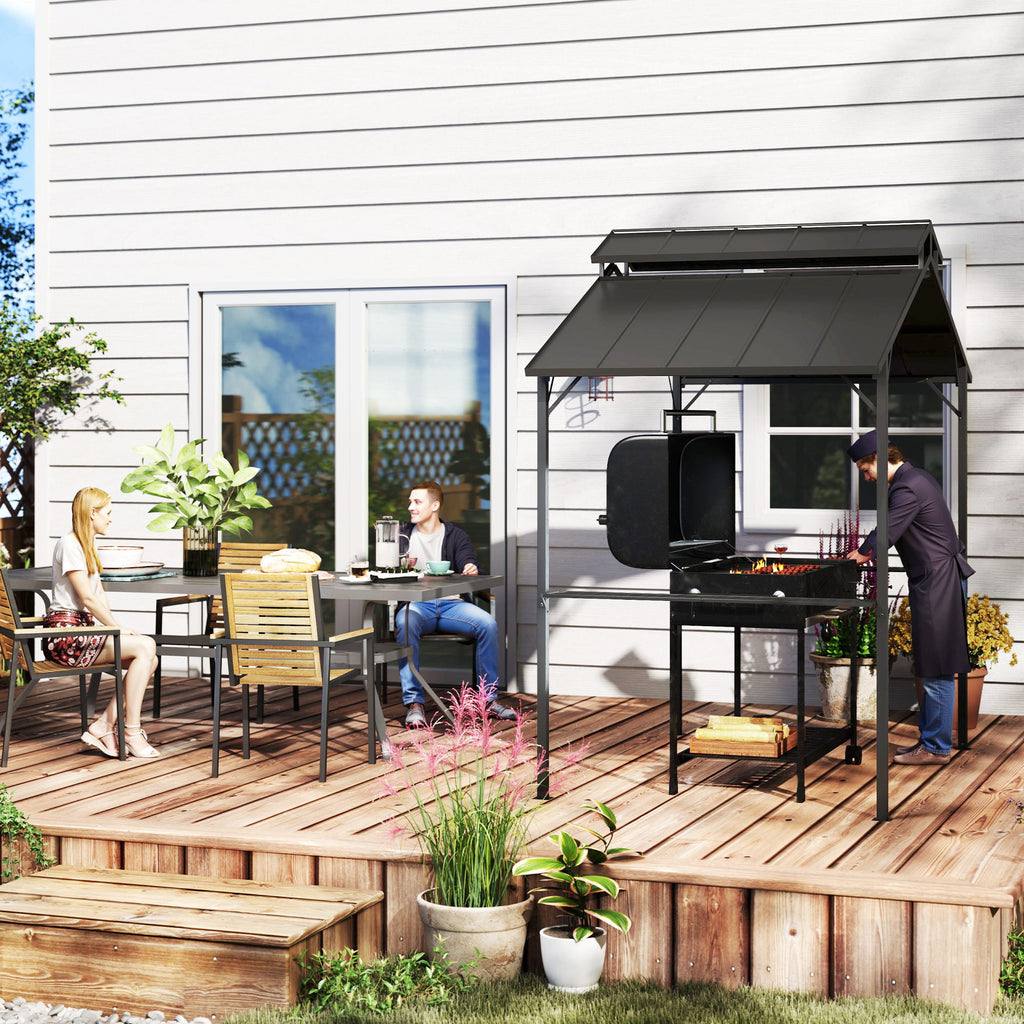 8 x 5ft Hardtop Grill Gazebo with Double Metal Roof, 2 Side Shelves and 10 Hooks for Patio Backyard Lawn Deck