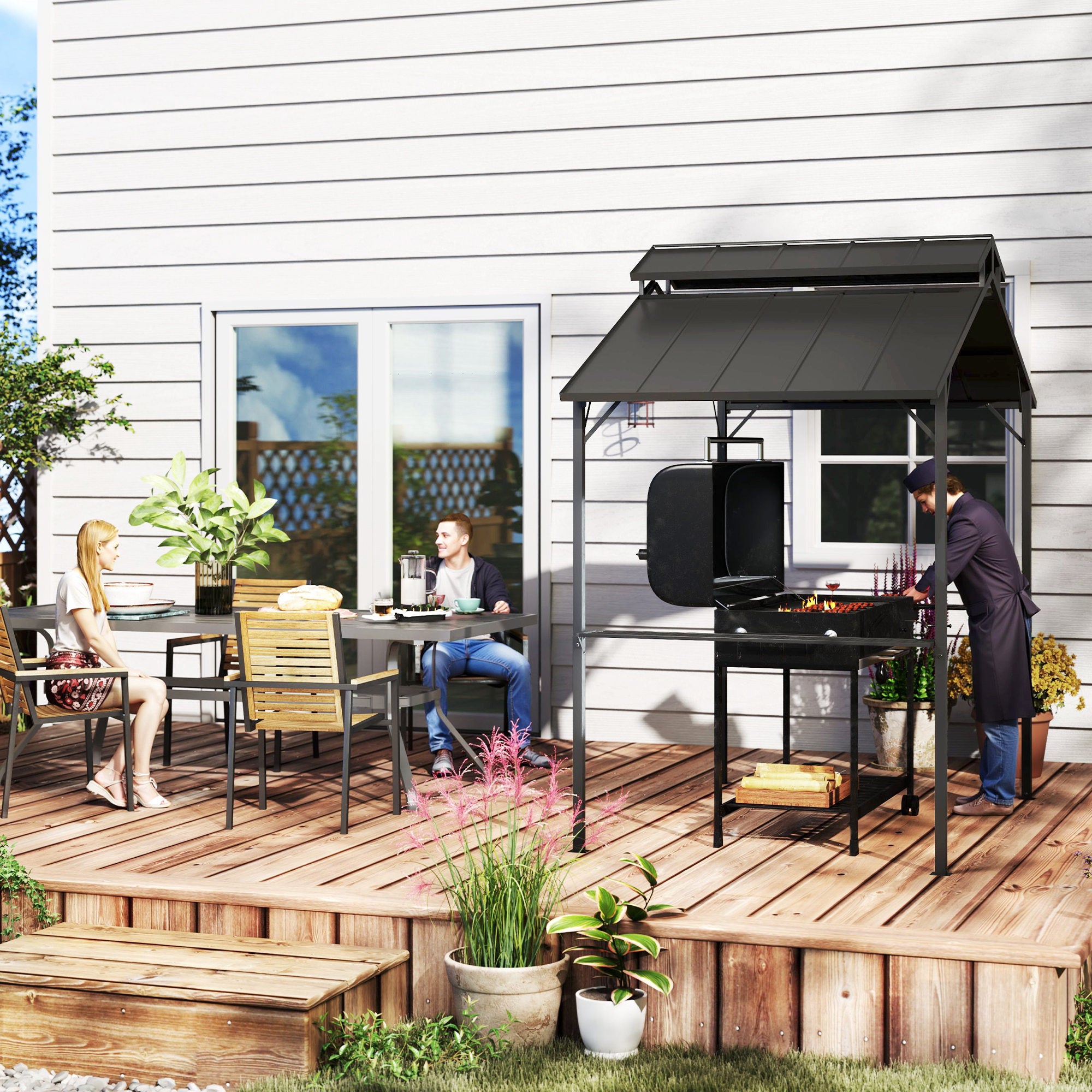 8 x 5ft Hardtop Grill Gazebo with Double Metal Roof, 2 Side Shelves and 10 Hooks for Patio Backyard Lawn Deck