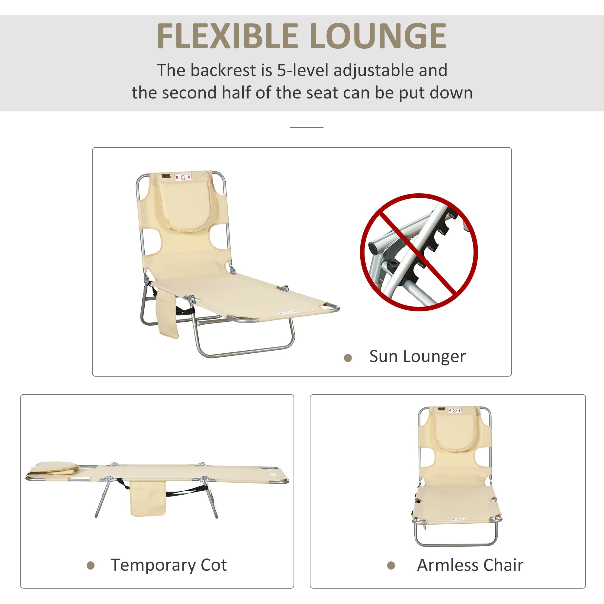 Folding Outdoor Lounge Chair, 5-Level Tanning Chair with Face Hole, Side Pocket, Carry Strap for Beach Pool, Beige