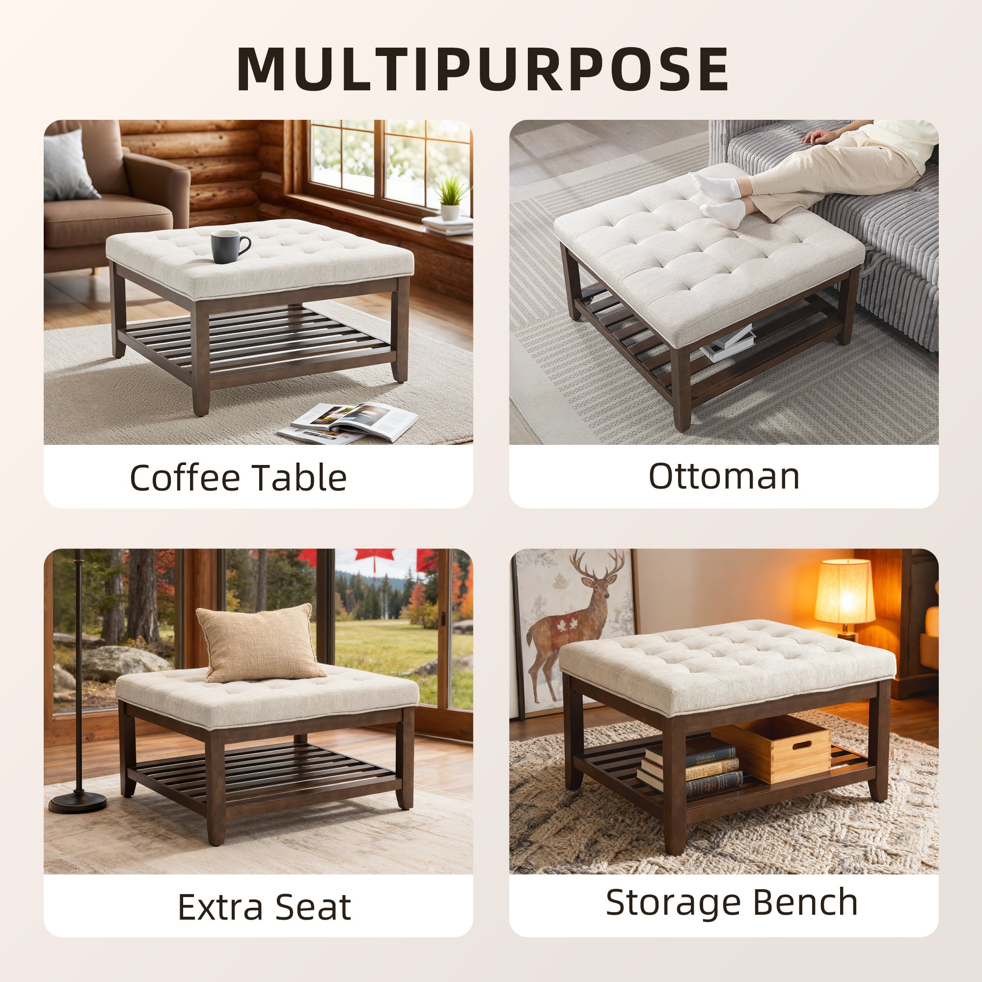 Ottoman Coffee Table, 32 Inch Square Footrest Ottoman with Storage, Linen Upholstered Tufted Footstool, Beige
