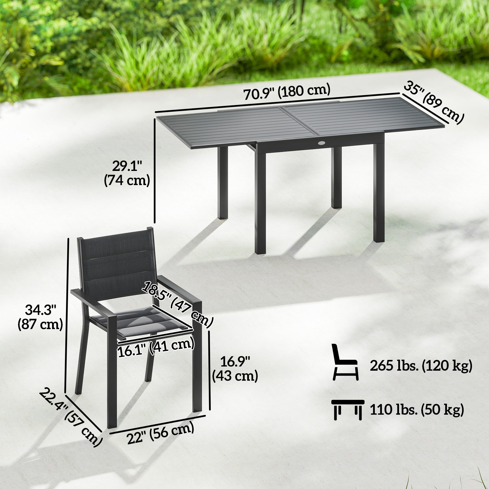 Patio Dining Set for 6, Aluminum Expandable Outdoor Table and 6 Stackable Chairs with Padded Back, Mesh Seat, Black