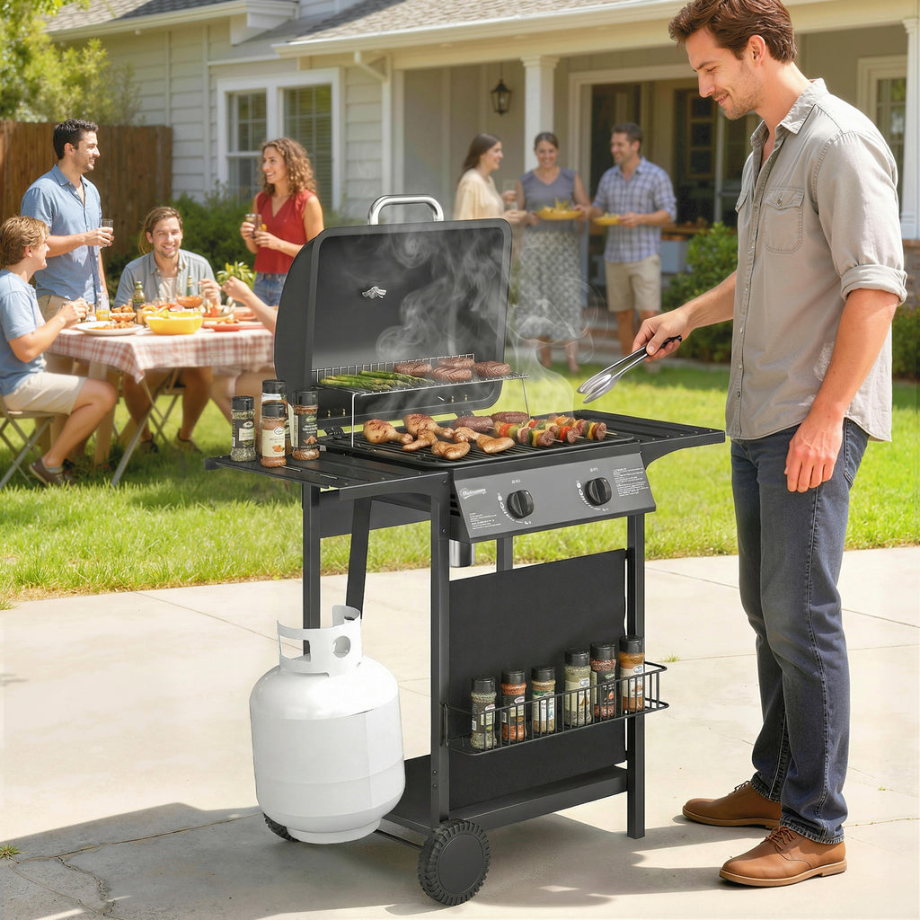 2-Burner Propane Gas Grill, 18000 BTU BBQ Grill with Wheels, Warming Rack, Shelf, Thermometer, Grease Cup, Black