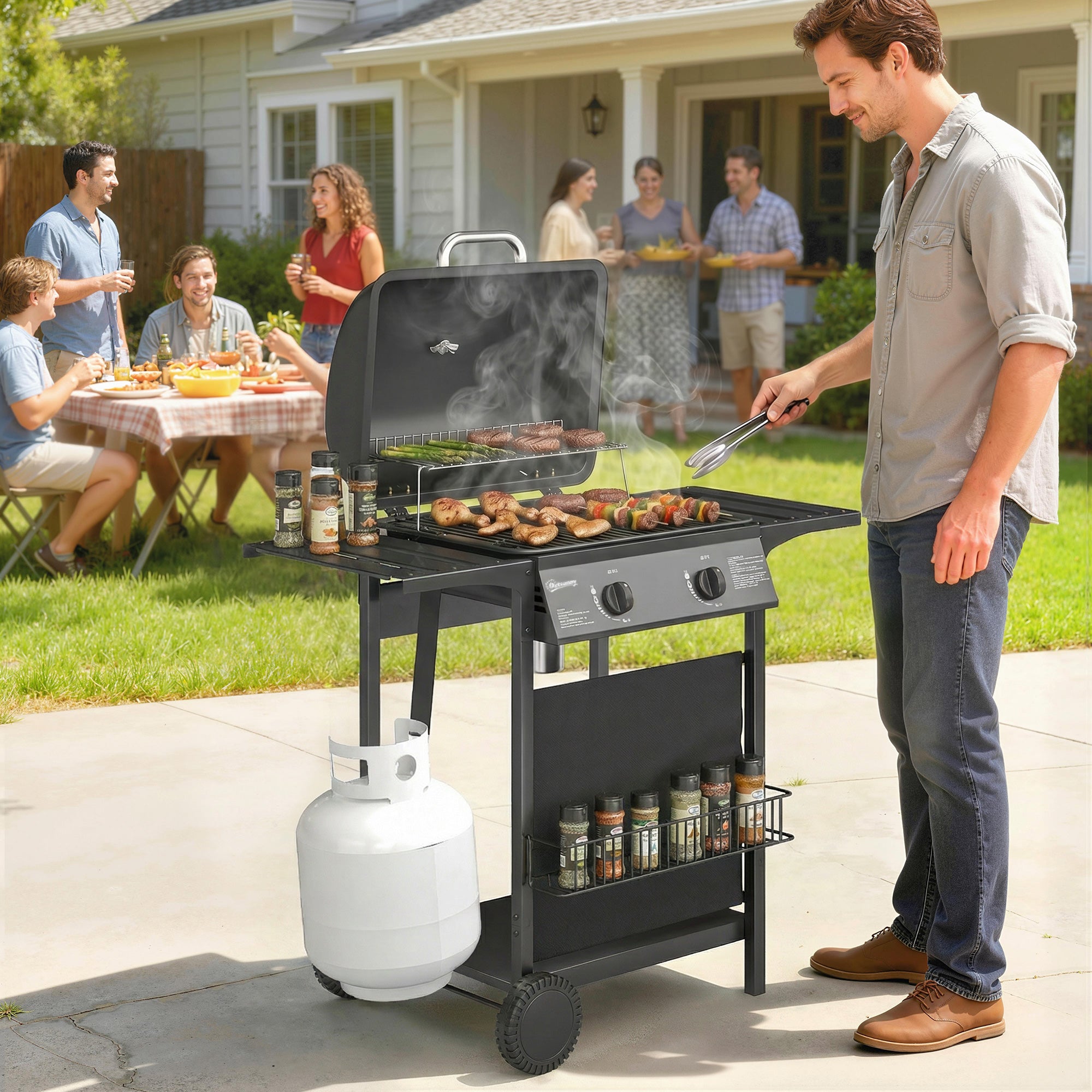 2-Burner Propane Gas Grill, 18000 BTU BBQ Grill with Wheels, Warming Rack, Shelf, Thermometer, Grease Cup, Black