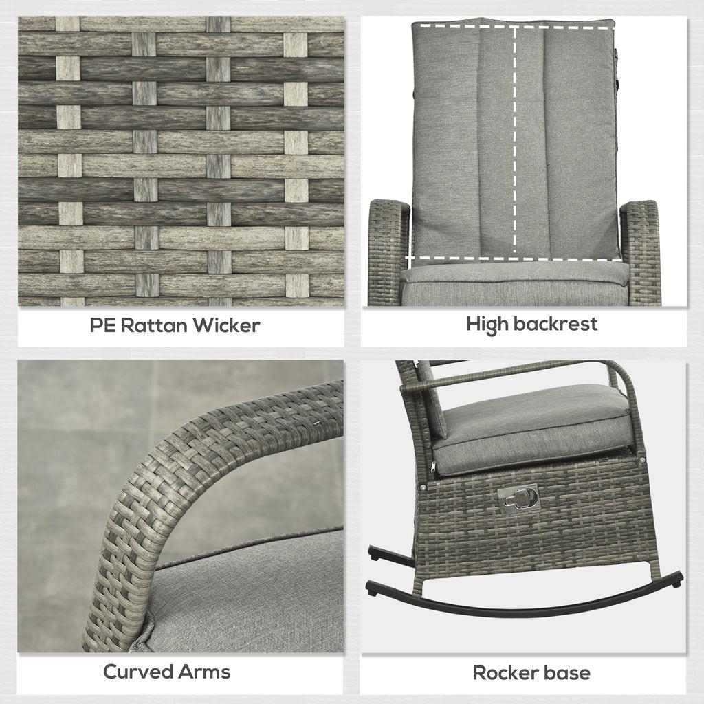 Outdoor Wicker Rocking Chair with Cushion, Patio PE Rattan Recliner Chair with Adjustable Footrest, Armrests, Mixed Grey